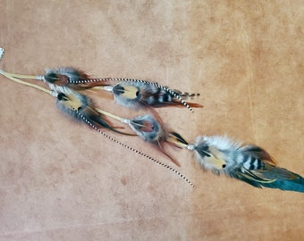 15-18" Feather Hair Extension Clip, Suede Lace, Natural Feathers, silver/gold beads