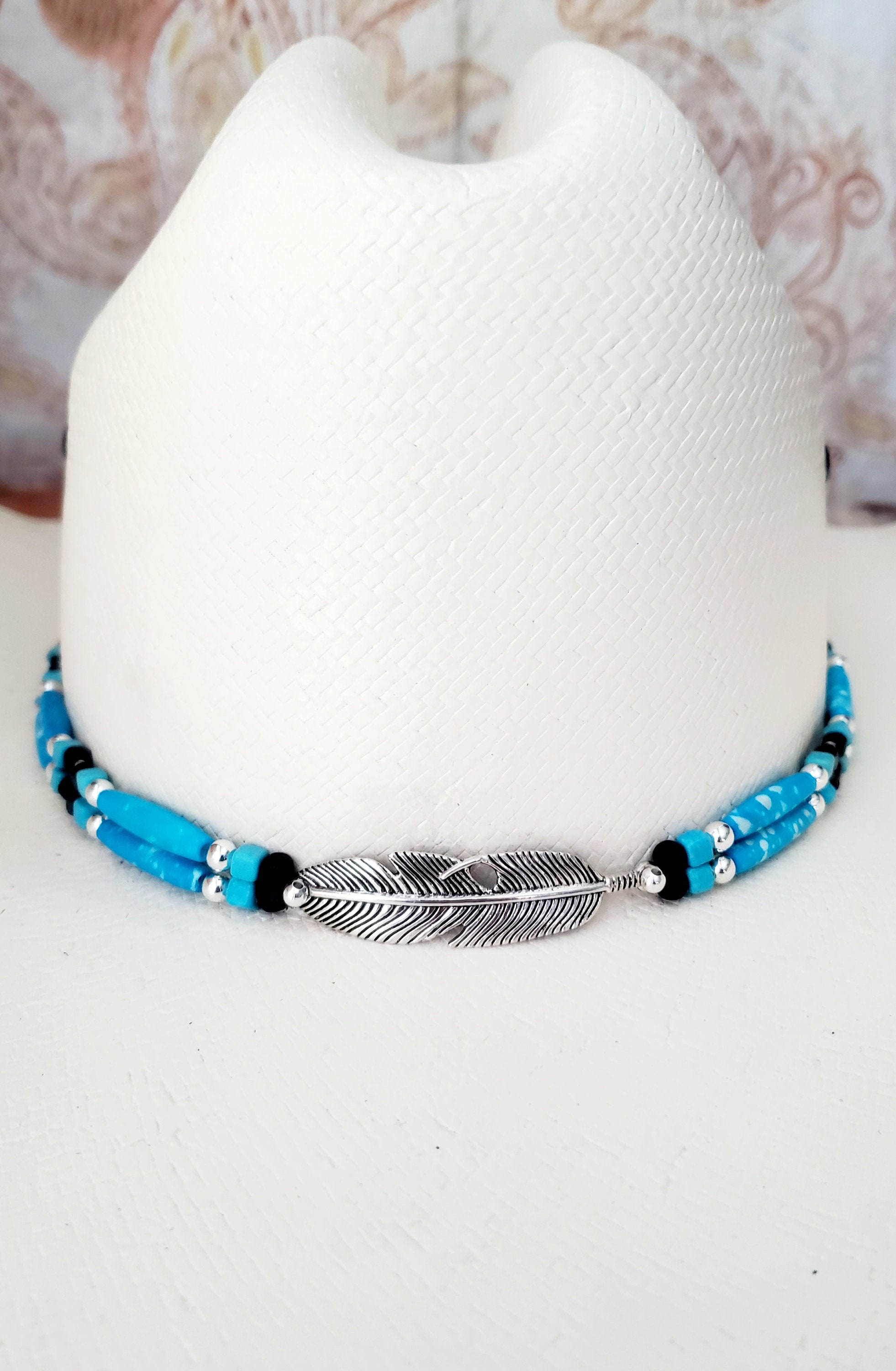 4683 Western Hat Band White Hairpipe Bone Turquoise Bead Jewelry Accessory IMG_9015__98703.1715879919.jpg?c=2 main image 3