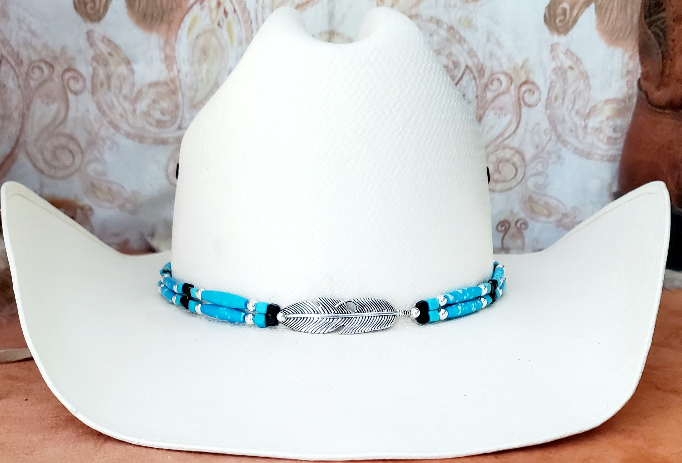 2734 Cowboy Hat Band Feather And Vibrant Blue Turquoise Bead Weave Long Beaded Turquoise Cowboy Hat Band, Native American Beaded  main image 4