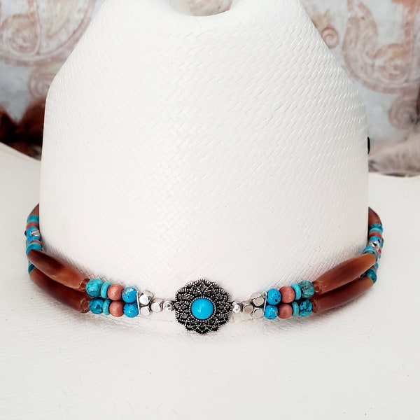 Hatband with Turquoise Metal Concho Centerpiece, Turquoise Marble and GoldenAmber Buffalo Horn Hairpipe Beads, Handmade Adjustable Western