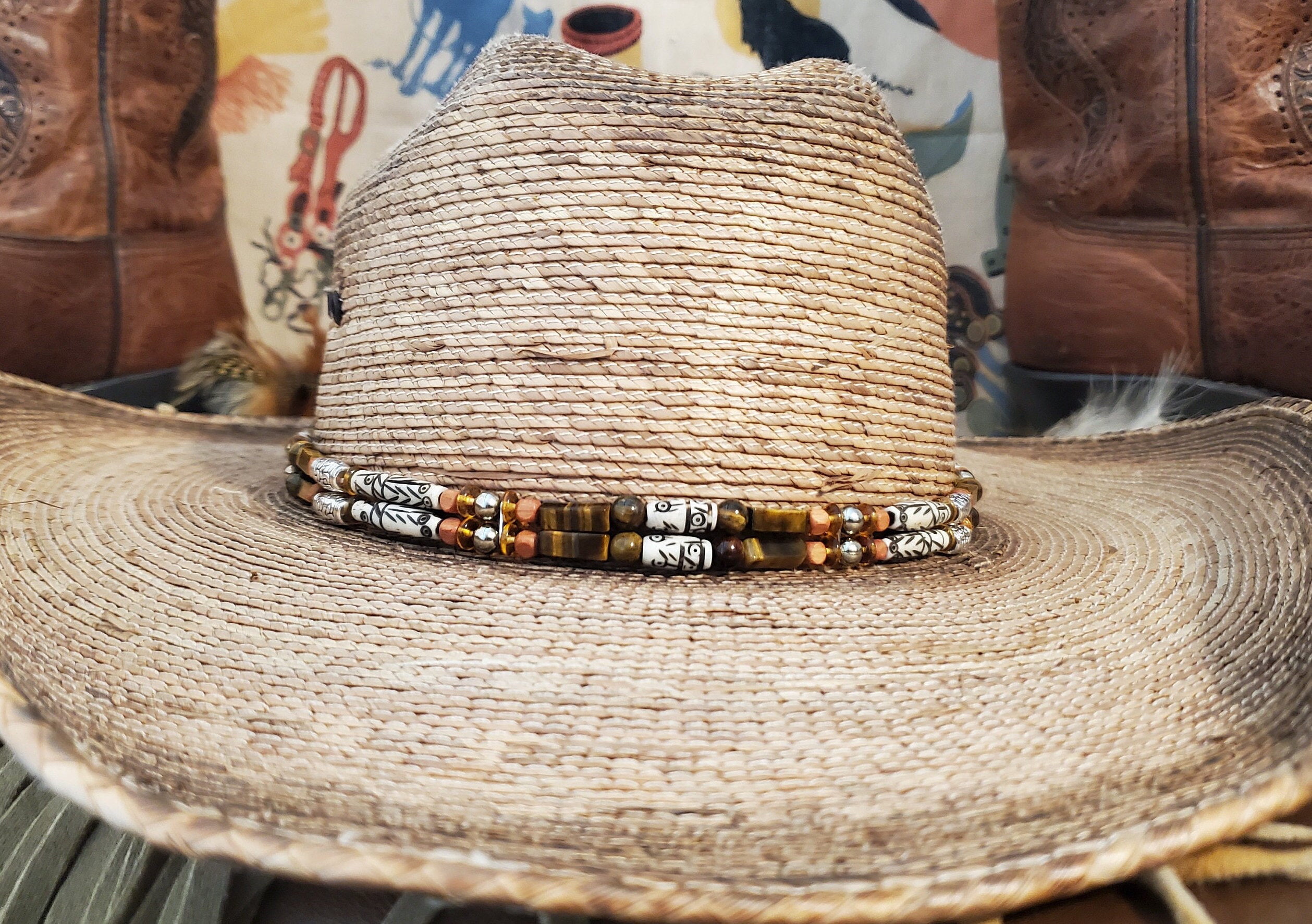 Western Hat Band Bone Hairpipe Beaded Hatband With Tiger display picture 3
