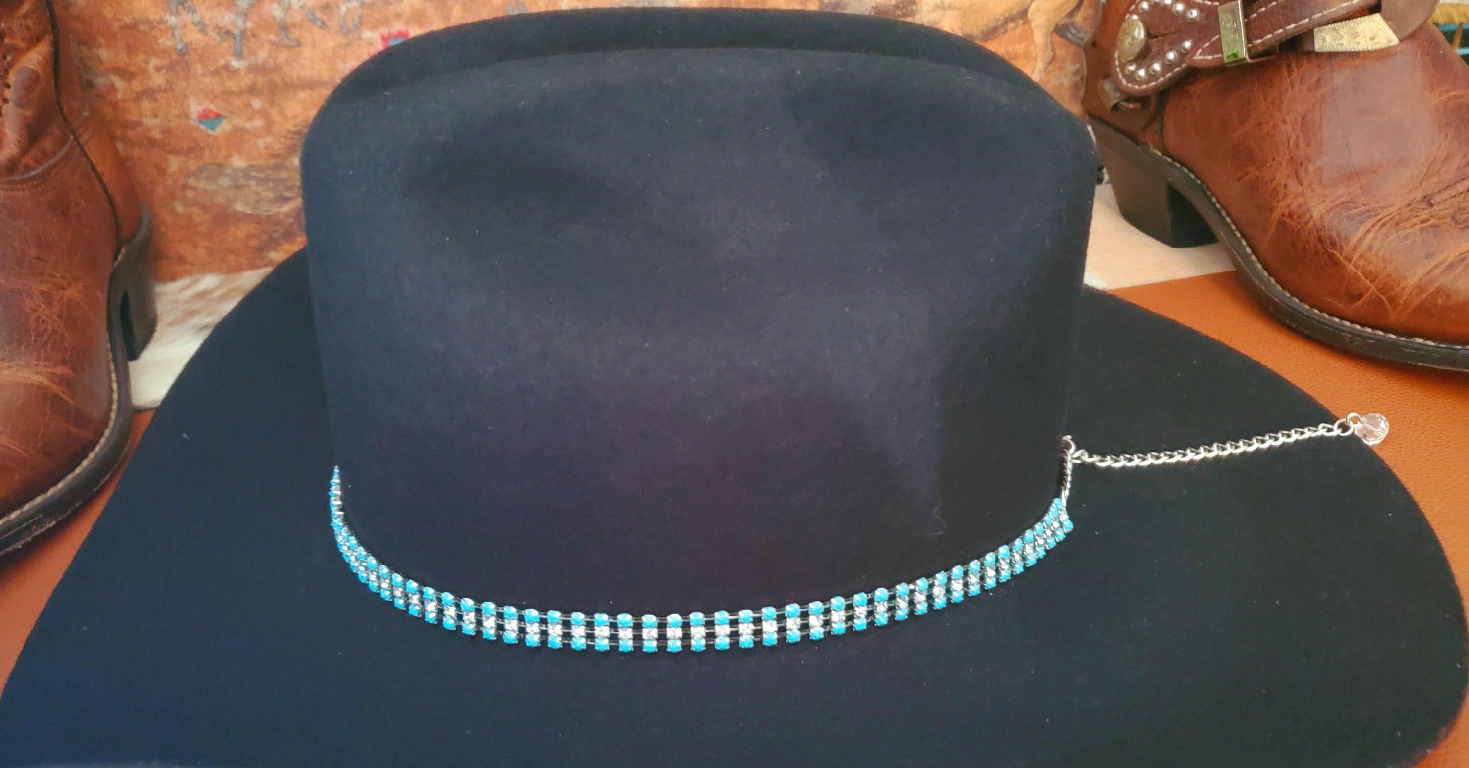 5656 Women Cowboy Hatband, Rhinestone Light Turquoise Hat Belt, Sparkly Silver Concho Chain Hat Band with Blue Stone – Adjustable  main image 4