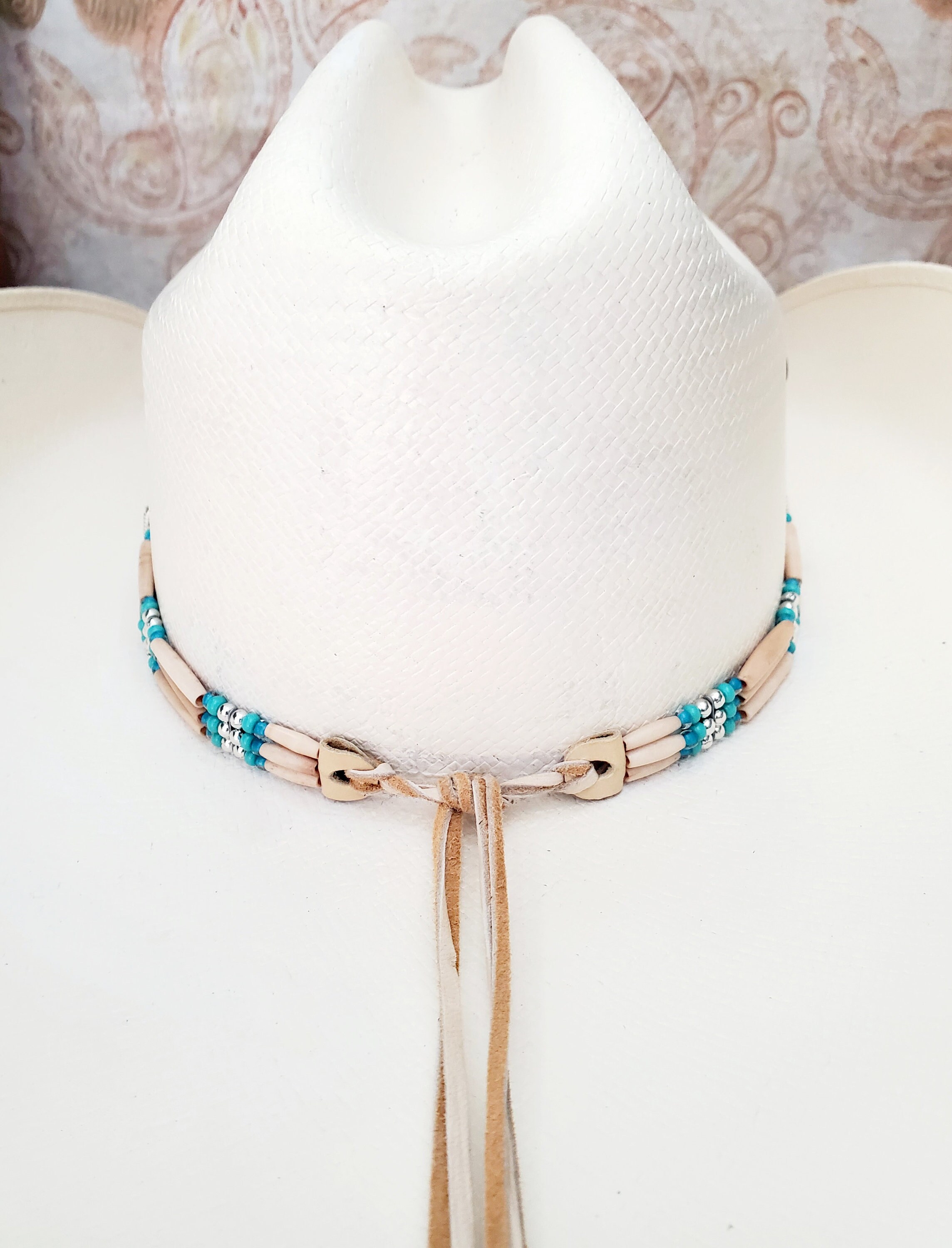 9746 Western Hat Band White Hairpipe Bone Turquoise Bead Jewelry Accessory Western Concho Hat Band Turquoise, Silver and Thin Antique  main image 3