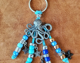 Keyring - Octopus Key Ring Keychain - Custom Handmade with suede lace, beads and Octopus and starfish Charm - Beachy  Sale