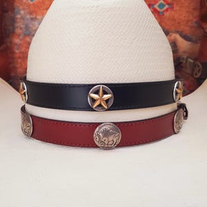 Texas Star or Buffalo Nickel Concho Leather Hat Band, Black or Brown Leather, Adjustable with buckle, Western Cowboy