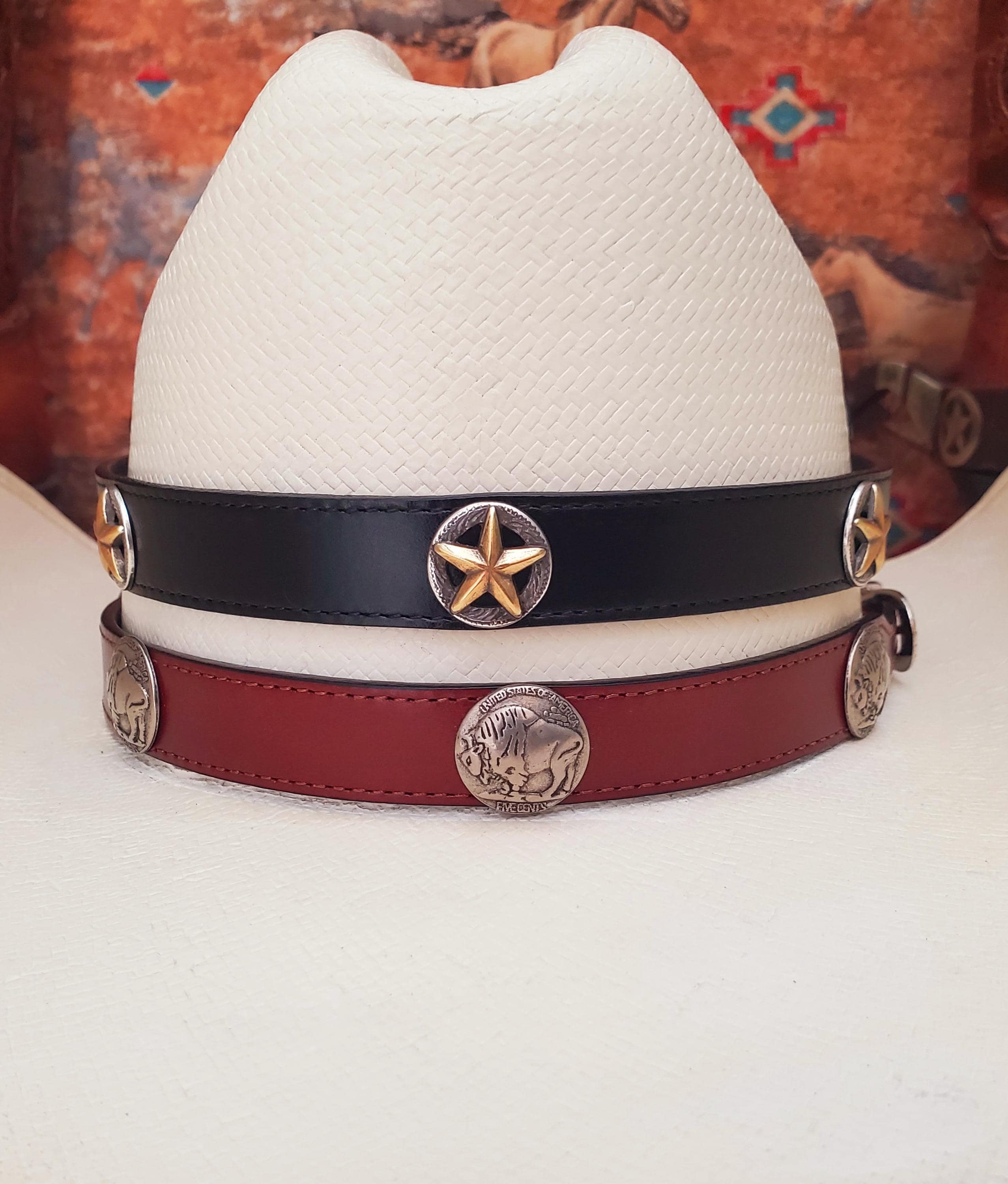 Texas Star or Buffalo Nickel Concho Leather Hat Band, Black  display picture 1