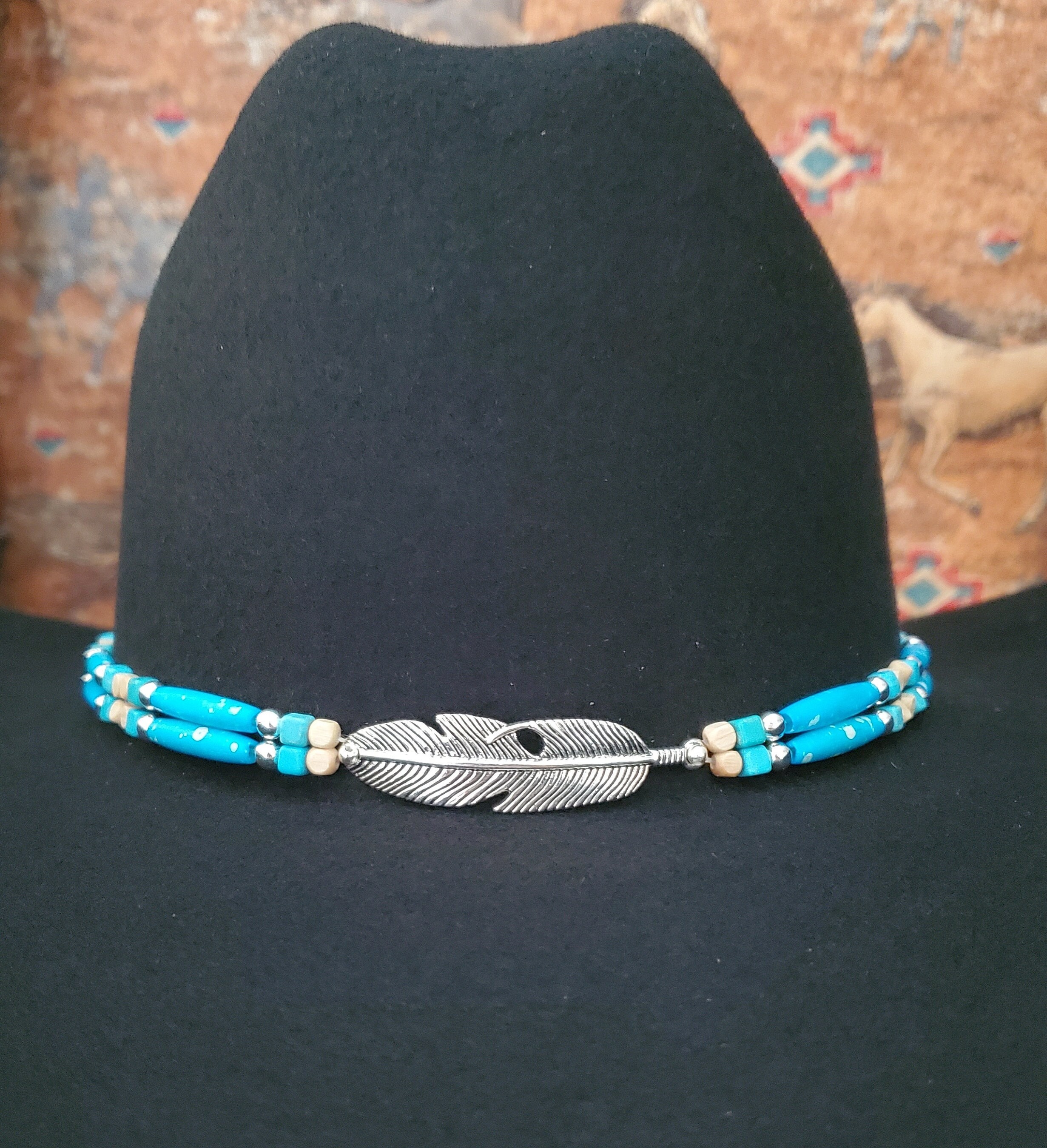 2734 Cowboy Hat Band Feather And Vibrant Blue Turquoise Bead Weave Long Beaded Turquoise Cowboy Hat Band, Native American Beaded  main image 2