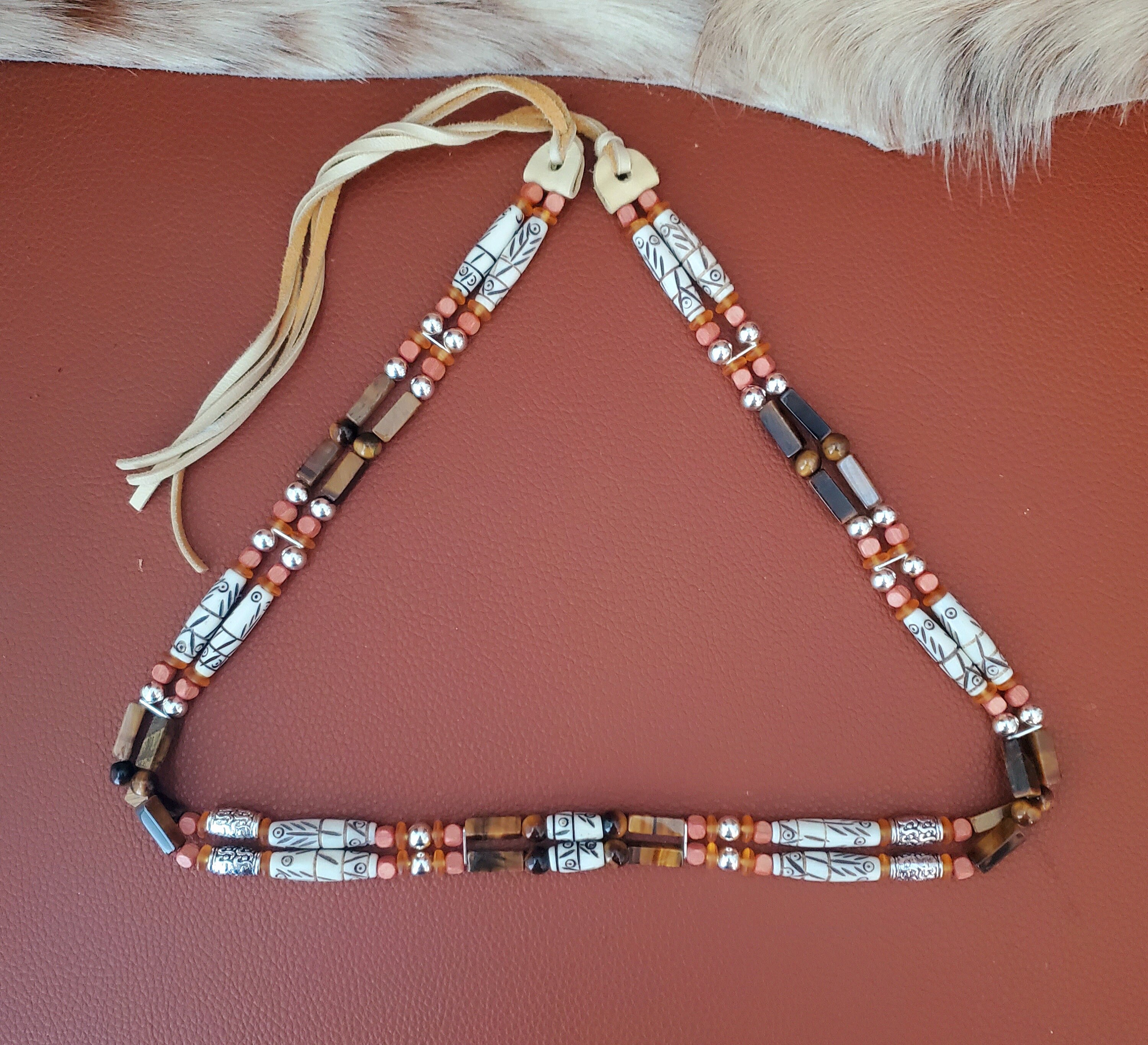 Western Hat Band Bone Hairpipe Beaded Hatband With Tiger display picture 3