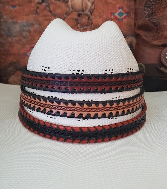 Leather Stitched Hat Band with Adjustable tie, Western Cowboy Hatband, Black, Turquoise, Red, Brown and more...
