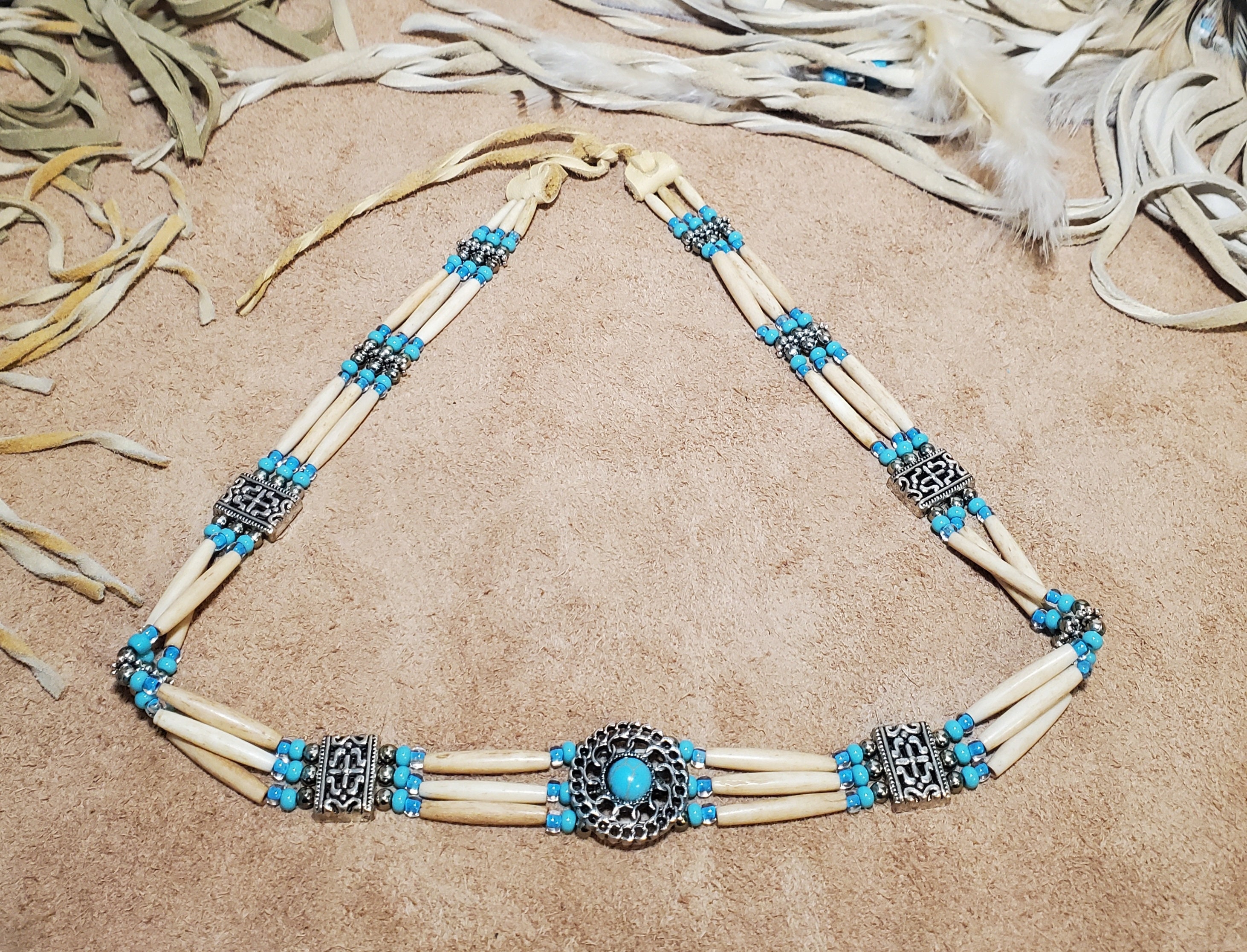 9746 Western Hat Band White Hairpipe Bone Turquoise Bead Jewelry Accessory Western Concho Hat Band Turquoise, Silver and Thin Antique  main image 2