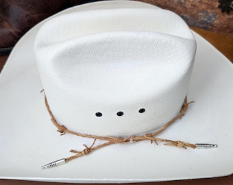 Barbed Wire Leather Cord Hat Band, Natural Color, Western Cowboy HatBand for Cowboy, Cowgirl, Bolo Tie Tip Ends