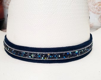 Fascia per cappello Bling, in denim blu jeans o nero con strass neri o argento, fatta a mano, scintillante e jazz