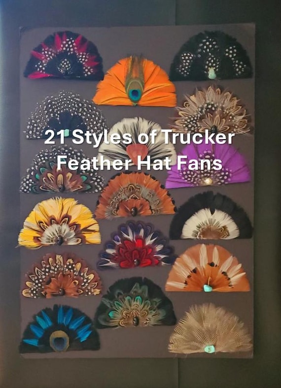 Feather Trucker Hat Fan (21 styles).  DIY Hot Glue on your Cowboy Hat, Trucker Hat or Ball Cap. Hats not included. Sold Individually