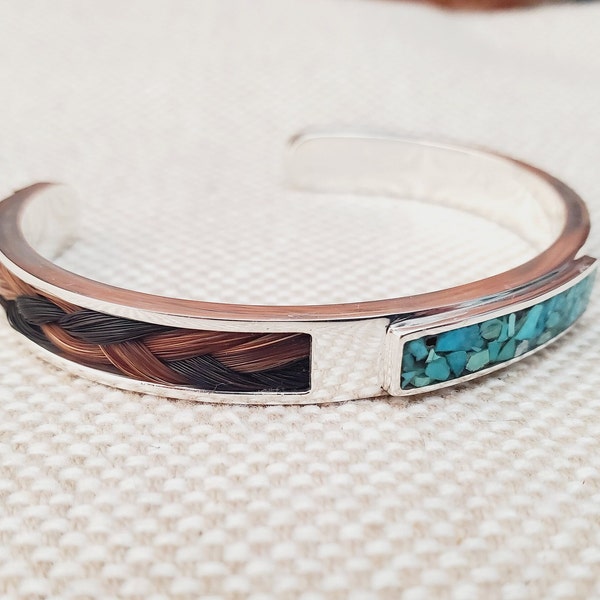 Horse Hair Keepsake Cuff Bracelet with inlay turquoise, and 925 Sterling Silver, can be made with your horse's hair or our horsehair