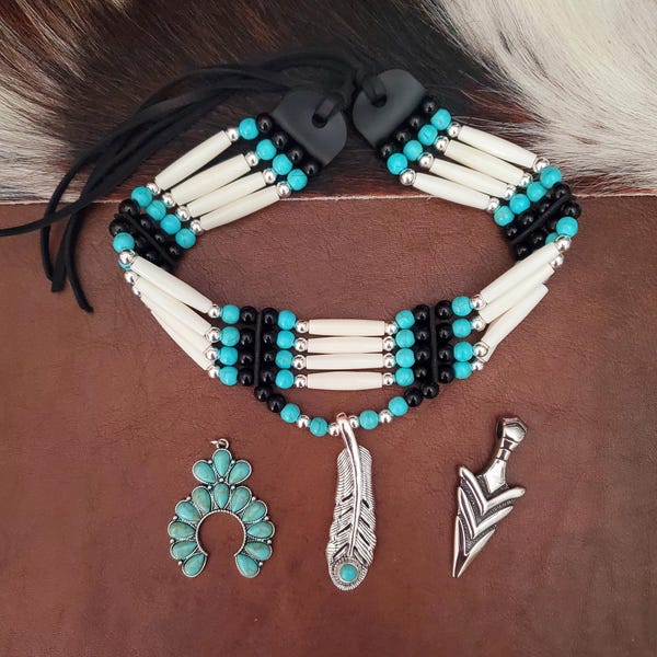 Native American Indian style Choker handmade with bone hairpipe beads with Squash Blossom, Feather,  or Arrowhead Pendant