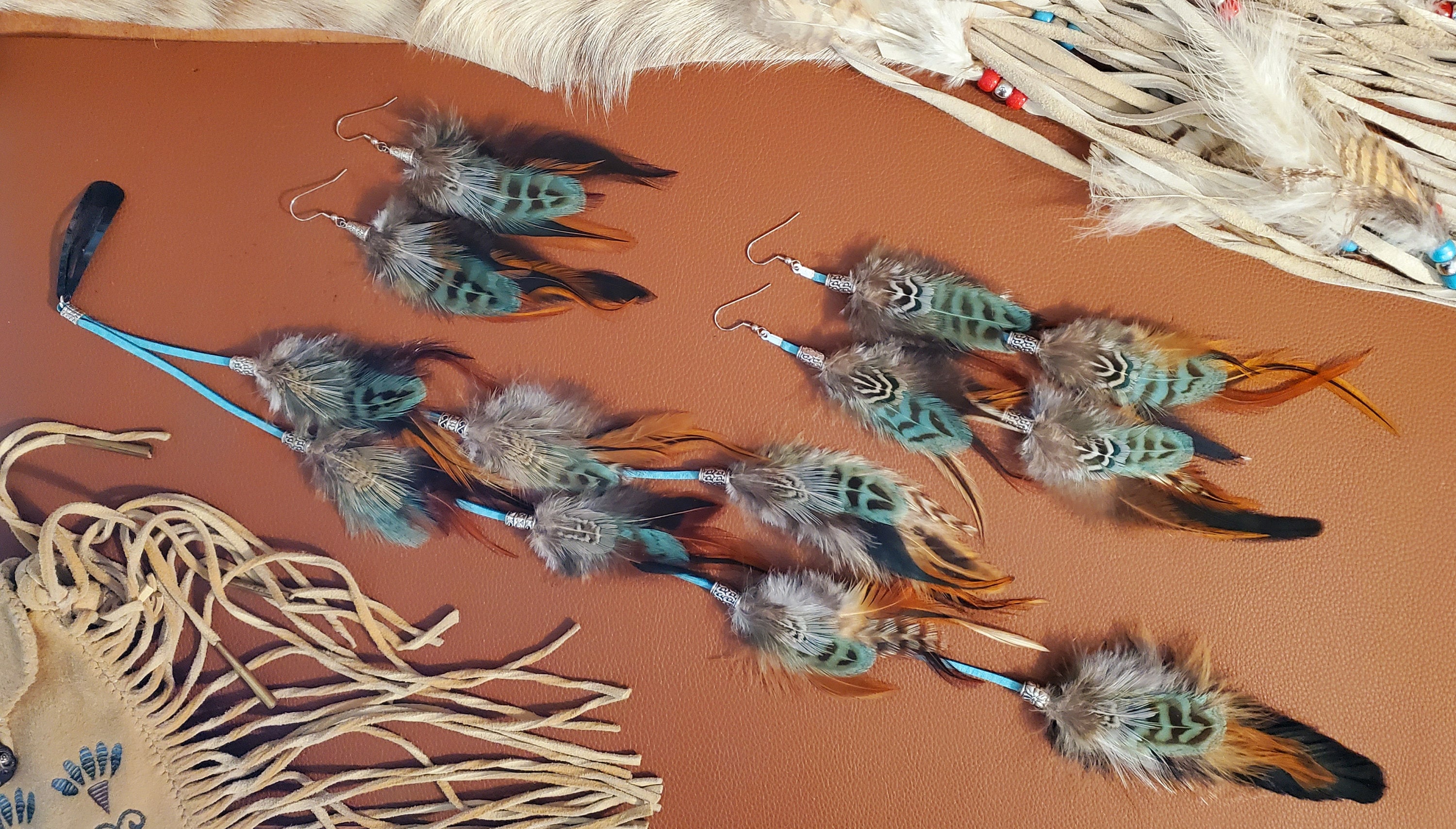 Feather Clip 4", 8", 11", 15" or 21" Suede Lace with Natural and Teal Feathers