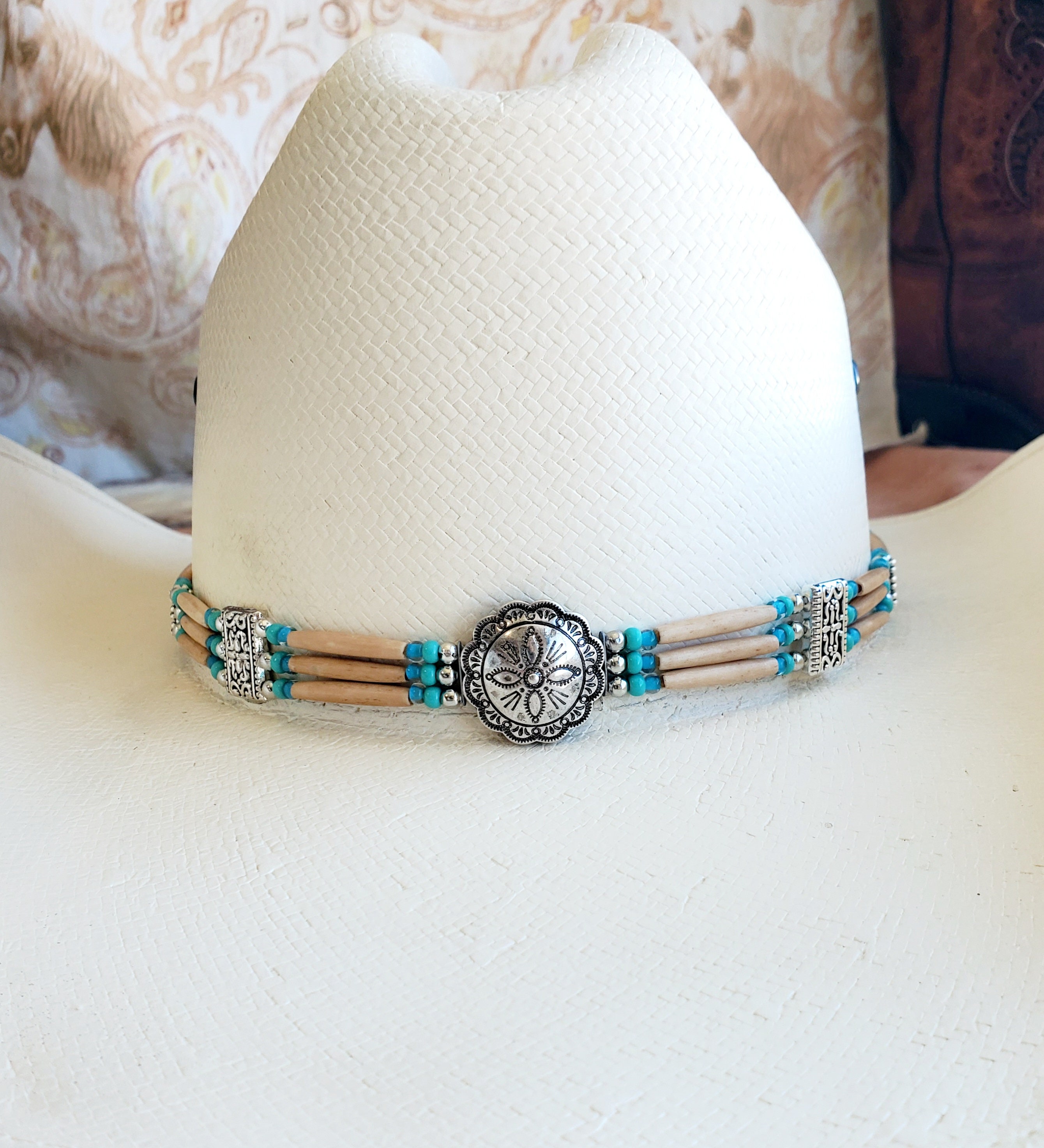 Western Concho Hat Band Turquoise, Silver and Thin Antique 