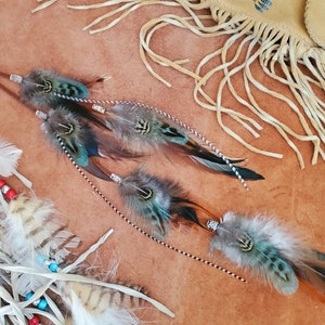 Feather Hair Clip, Turquoise Hair Feather with your choice of Suede Lace with Natural and turquoise feathers, beads, 4", 8", 11", 15", 21"