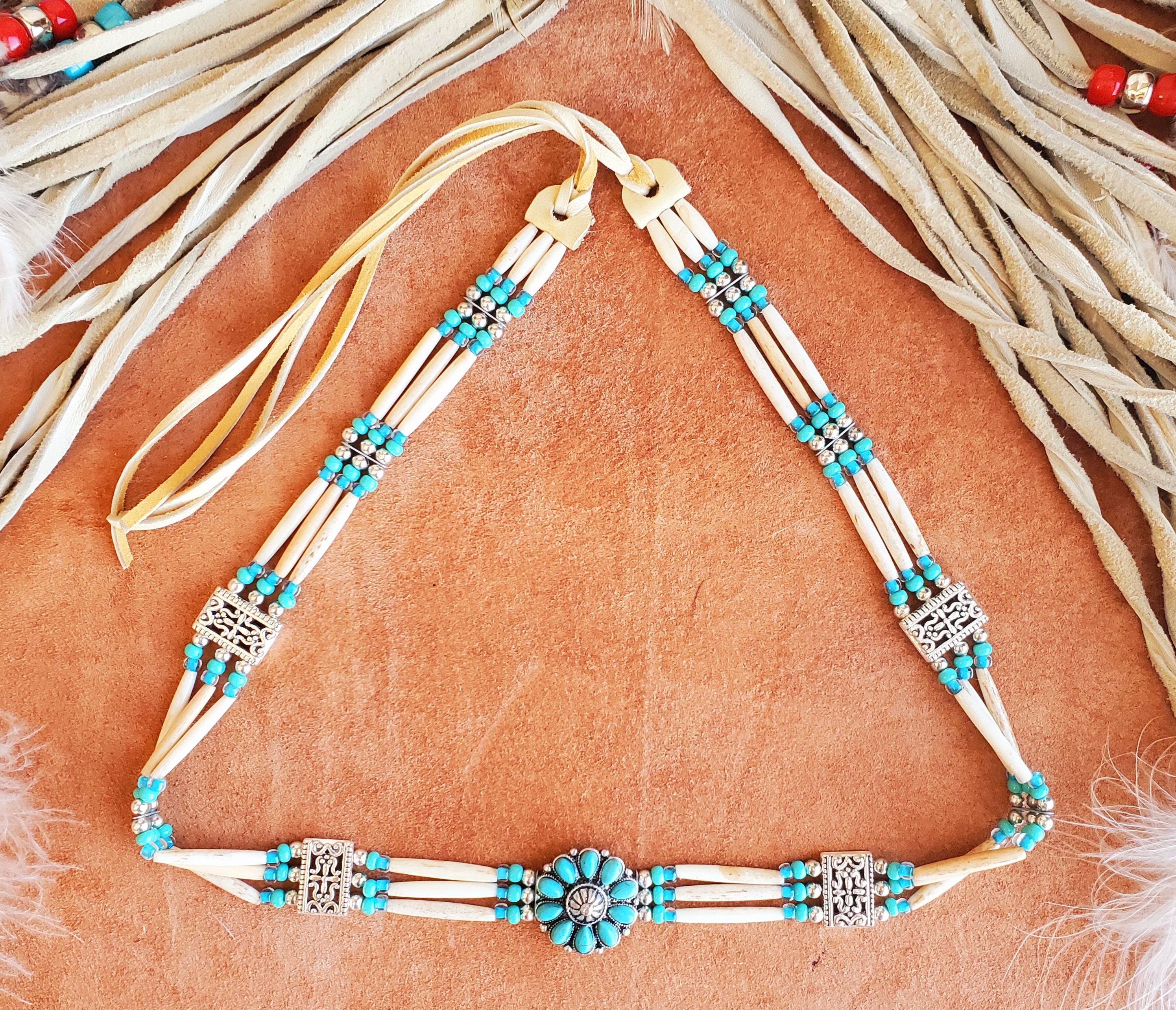 Concho Hat Band - Southwest, Thin Antique Bone Hairpipe 