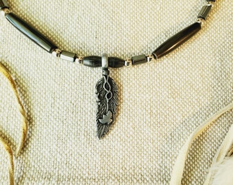 Necklace - Handmade Black Horn Hairpipe Bead Necklace (21" Long) with Feather with Eagle Pendant and metal accent beads - sale