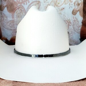Pu&ograve; includere: Un cappello da cowboy bianco con una fascia nera a forma di chevron.