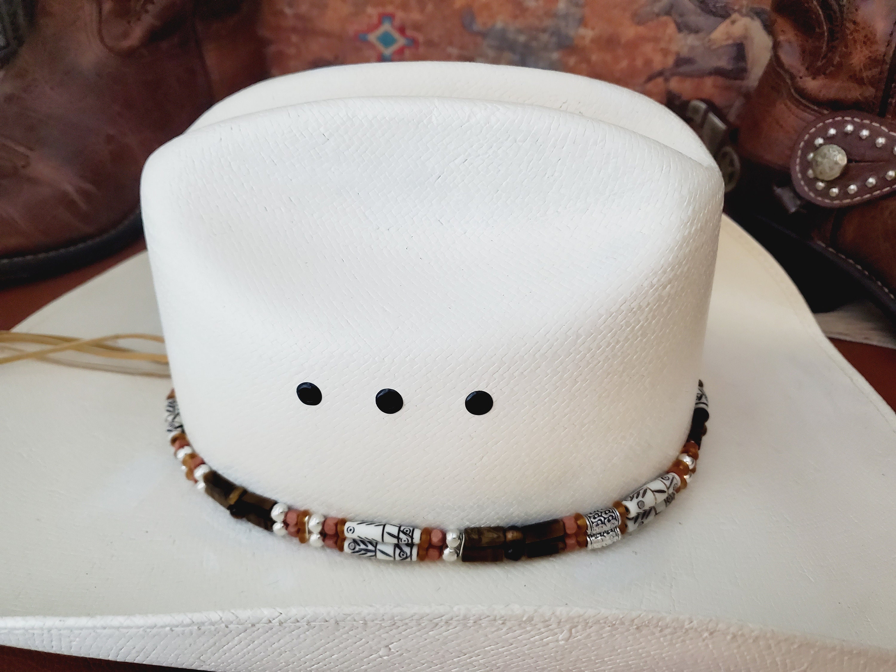 Western Hat Band Bone Hairpipe Beaded Hatband With Tiger display picture 2