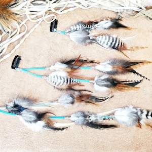 Feather Hair Clip, Turquoise Suede Lace, Natural feathers, silver or gold beads, Feather Hair Extension, Boho Hair Feather, 4", 8", 11", 15"