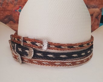 Horse Hair Hat Band, 6 colors, Adjustable with silver buckle, Western Cowboy Hatband, Brown/White, Brown/Black/White, Black/White