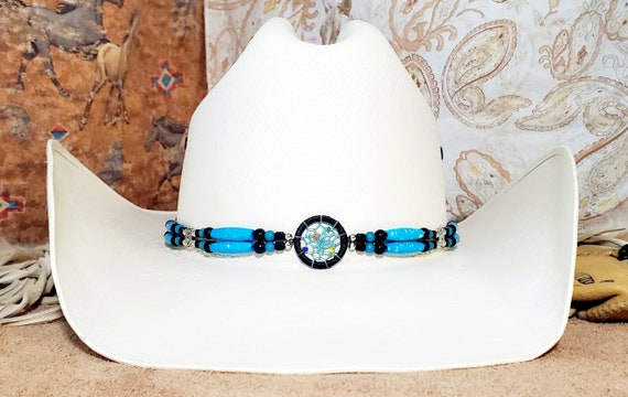 6 Strand Beaded Concho Hat Band Handmade with Pipe Beads