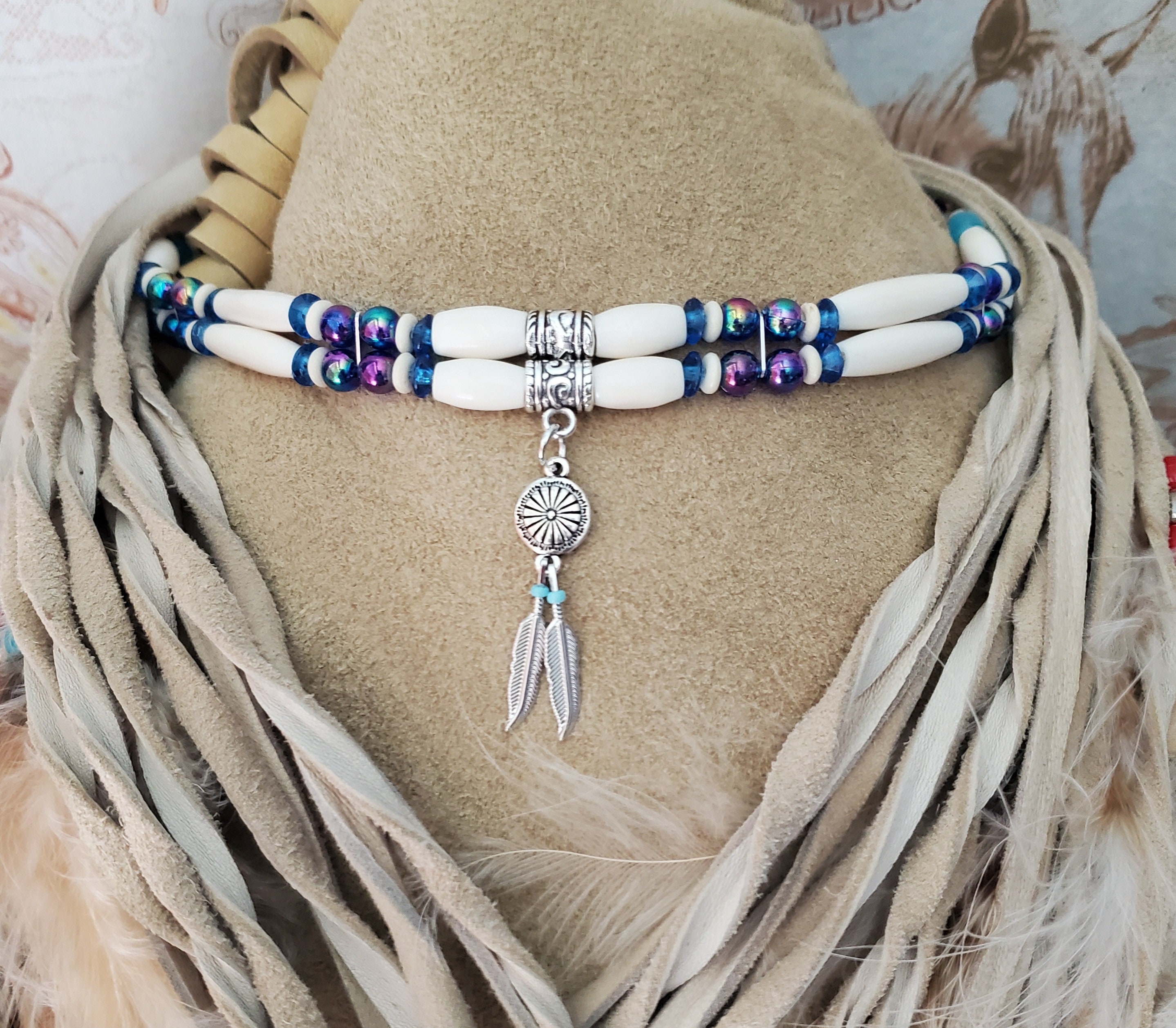 Native American Indian Style Choker, Bone Hairpipe, Blue, Green