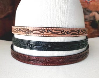 Tooled Leather Hat Band - 3 colors - (Natural) Tan, Brown, Black - Floral/Scalloped or Basketweave