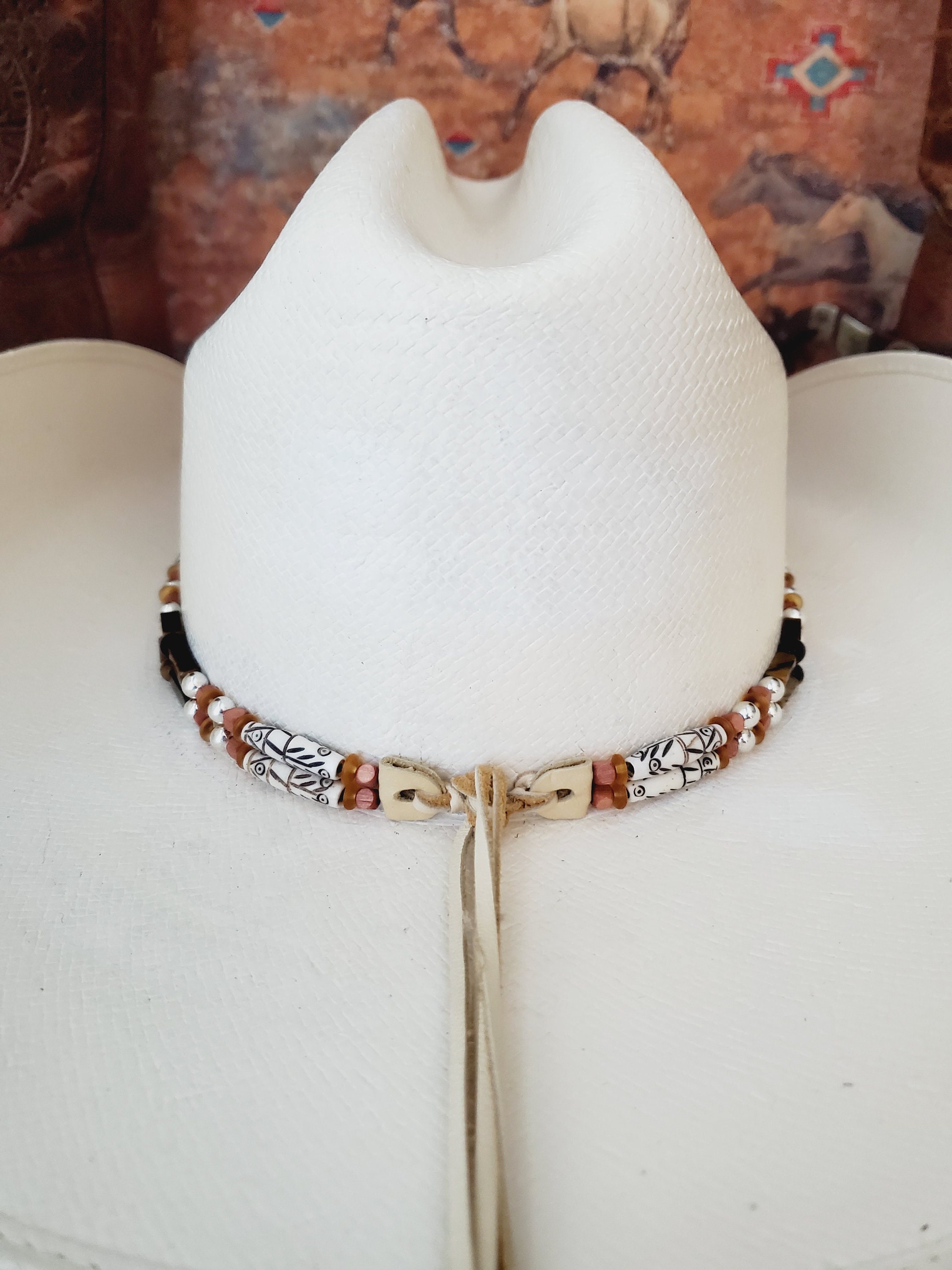 2211 Authentic Western Hat Band Hairpipe Bone Tiger Eye And Onyx Beads Double Western Hat Band Bone Hairpipe Beaded Hatband With Tiger main image 4