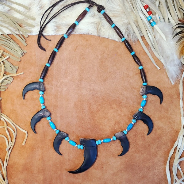 Bear Claw Necklace, Native American Indian style Replica Grizzly Bear Claw Necklace, Turquoise, Silver and Rosewood hairpipe beads, handmade