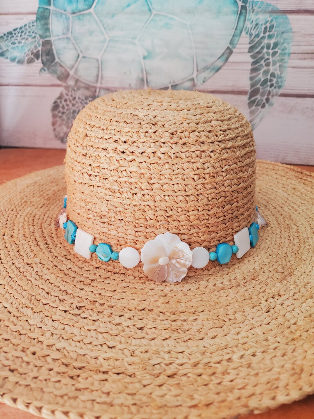 Shell Hatband With Turquoise Blue and White Mother of Pearl Shells and ...
