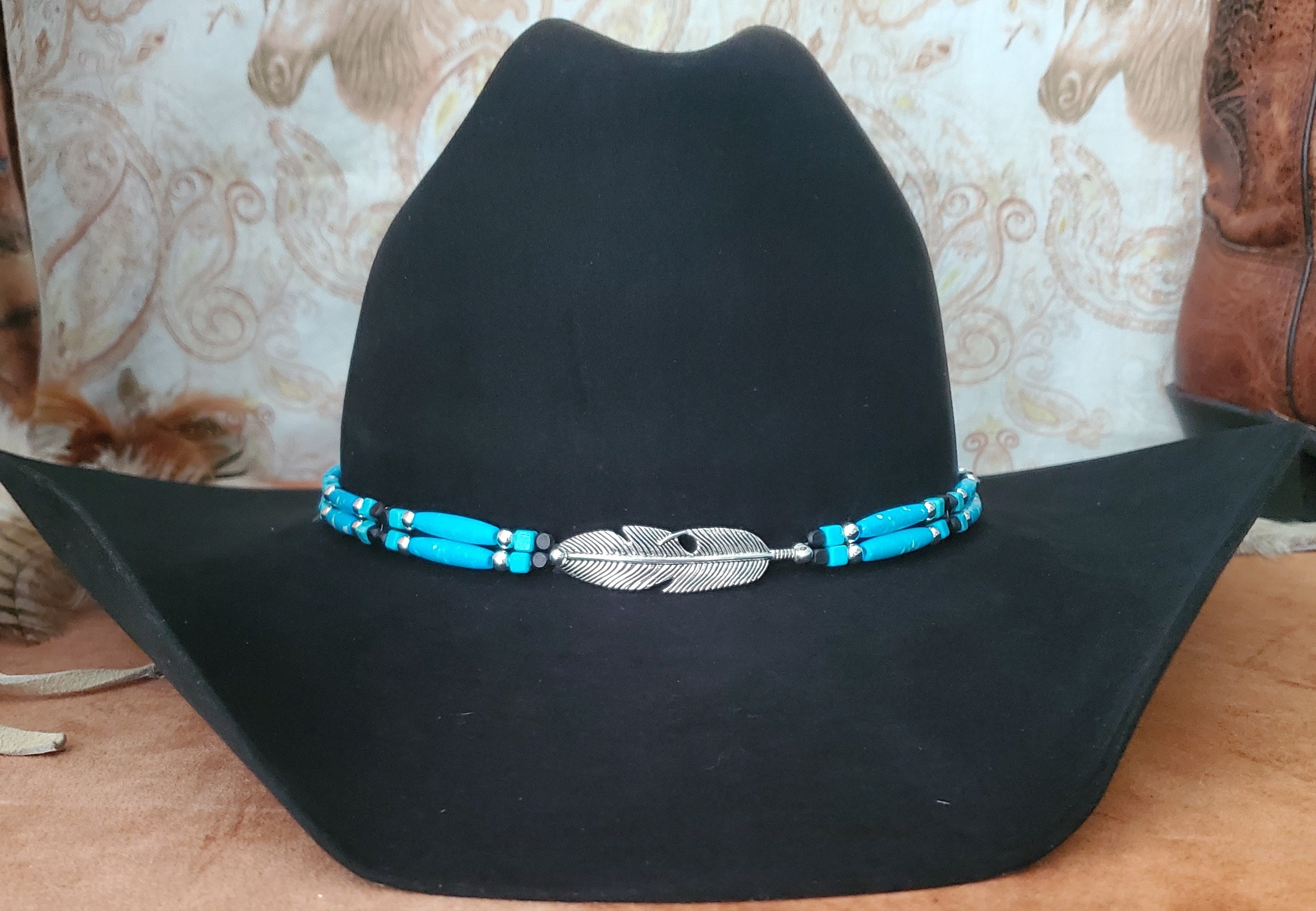 2734 Cowboy Hat Band Feather And Vibrant Blue Turquoise Bead Weave Long Beaded Turquoise Cowboy Hat Band, Native American Beaded  main image 2