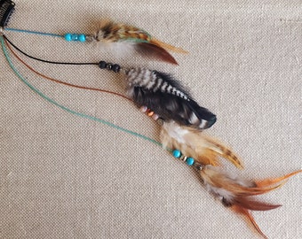 Custom Hair Feather Extension clip with Leather Cord/Feather Sections and long skinny feather(s) all on the clip of your choice