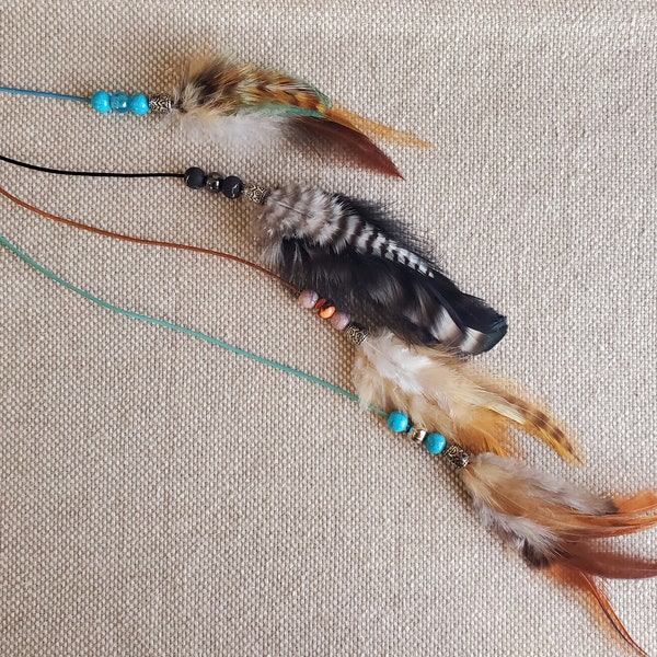 Custom Hair Feather Extension clip with Leather Cord/Feather Sections and long skinny feather(s) all on the clip of your choice