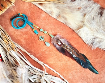 Feather Hair Clip, Suede Lace, Natural accent feathers & beads, Boho Hair Feather Extension Clip, Beads and Charm, gold, turquoise