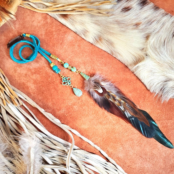 Feather Hair Clip, Suede Lace, Natural accent feathers & beads, Boho Hair Feather Extension Clip, Beads and Charm, gold, turquoise