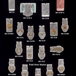 Prendedor de dinheiro, Cavalo, Ferradura, Western, Prata, Fino, Largo, Prendedor de dinheiro seguro, deslize ou dobre, Armas, Cruz, Estrela, Bala, Longhorn