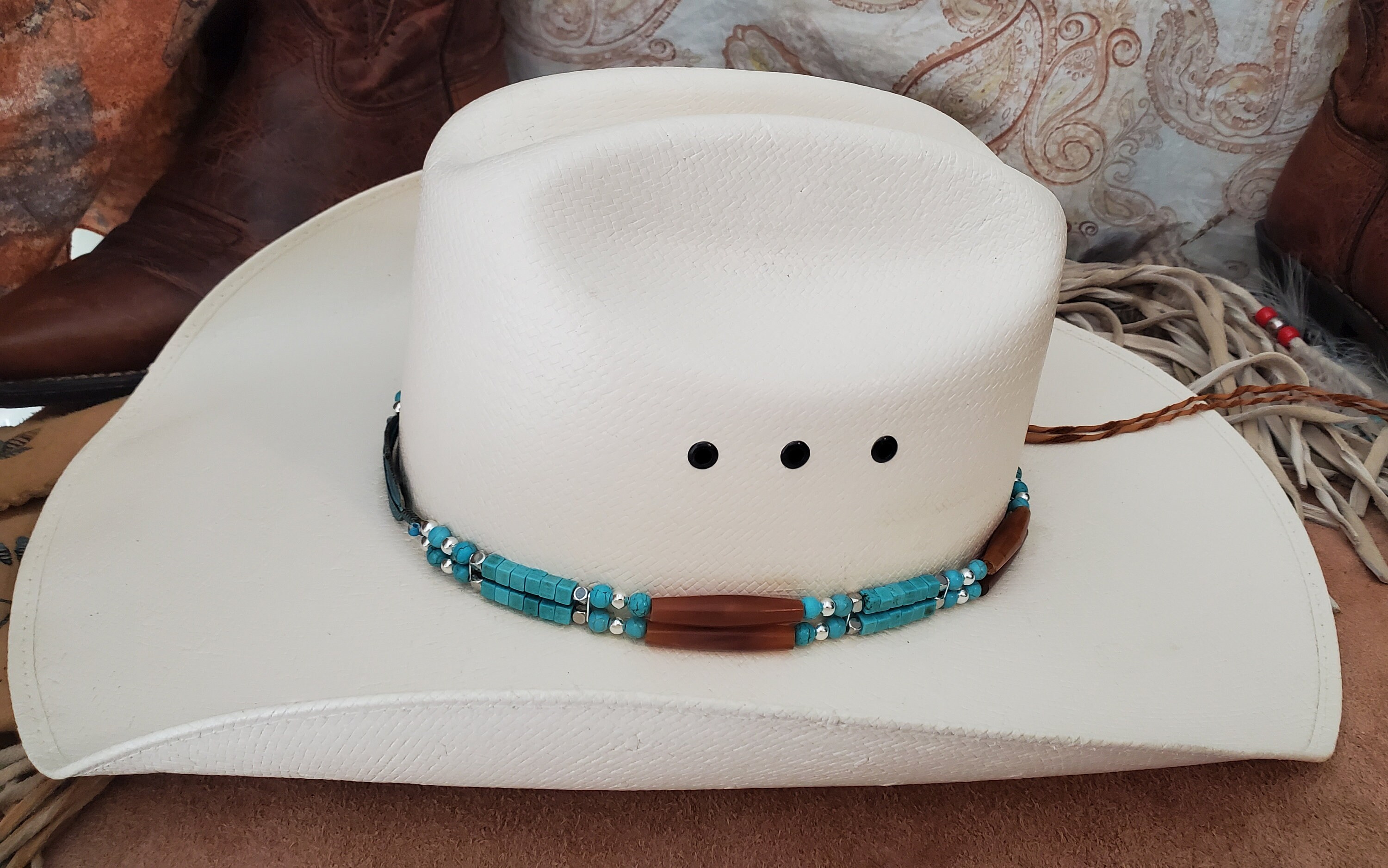 Fascia Per Cappello Da Cowboy Con Perline Turchesi – Regolabile, Artigianale, Stile Western Boho - 4
