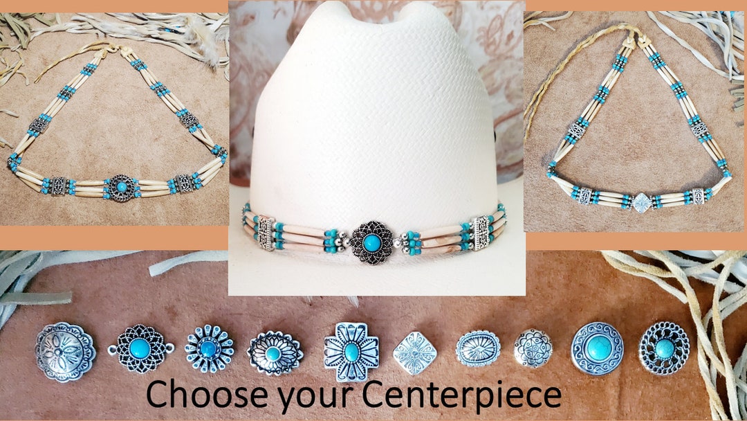 Handmade Western Cowboy Hatband with Silver, Turquoise, Thin Black Horn Hairpipe Bead Hat Band, Handmade, for Men or Women, Cowgirl or Cowboy Hatband
