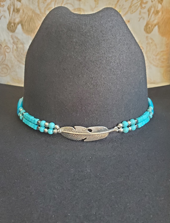 Hat Band, Turquoise Buffalo Bone Hairpipe, Silver, Turquoise  display picture 1