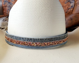Recycled Blue Jean Denim with Rhinestones Hat Band, Cowboy Cowgirl Man or Woman, Bling Crystal HatBand, Blue Jean Hatband, Handmade