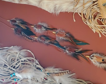 Feather Hair Clip - 24" Long Suede Lace with Natural accent feathers and silver beads, Boho Hair Feathers, Hair Extension Feather Clip