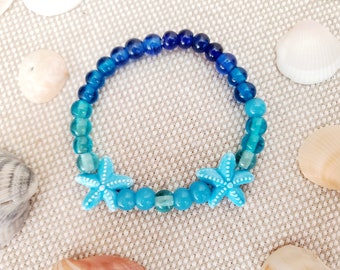 Bracelet - Blues and Beachy stretch bracelet with starfish beads - stretchy - handmade - closeout