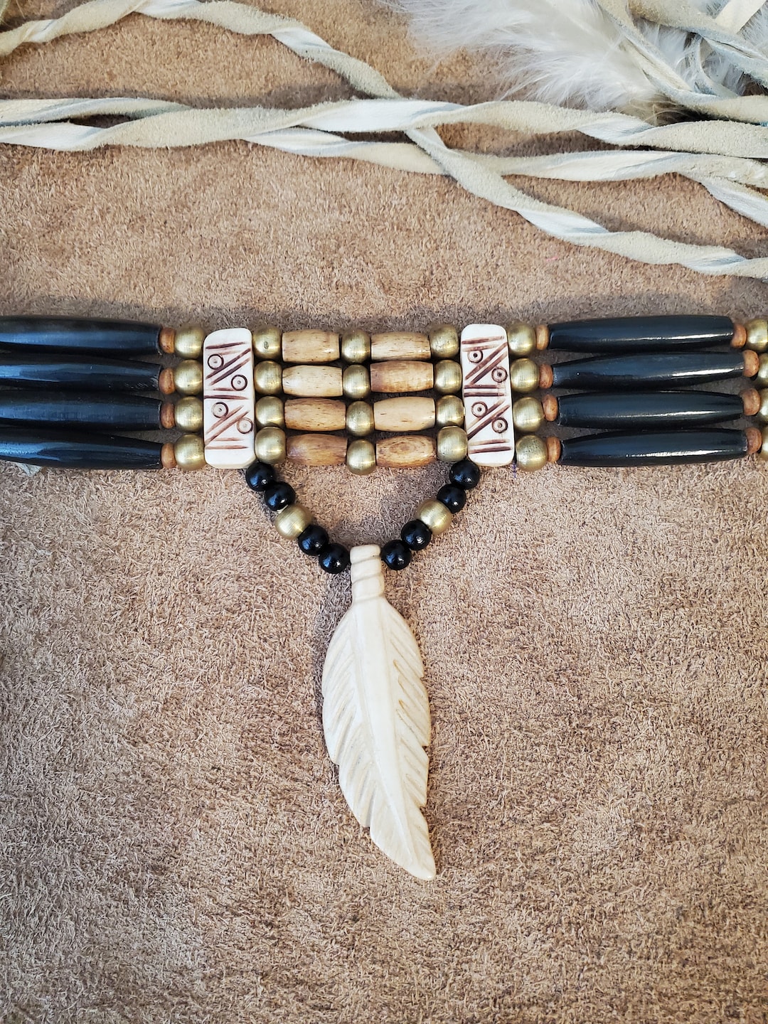 Native American Indian style Choker - Black Horn /Antique Bone 