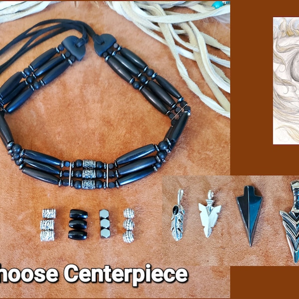 Choker Black Horn Hairpipe Beads with your choice of centerpiece or Pendant, Native American Indian style, hairpipe choker, black, hematite