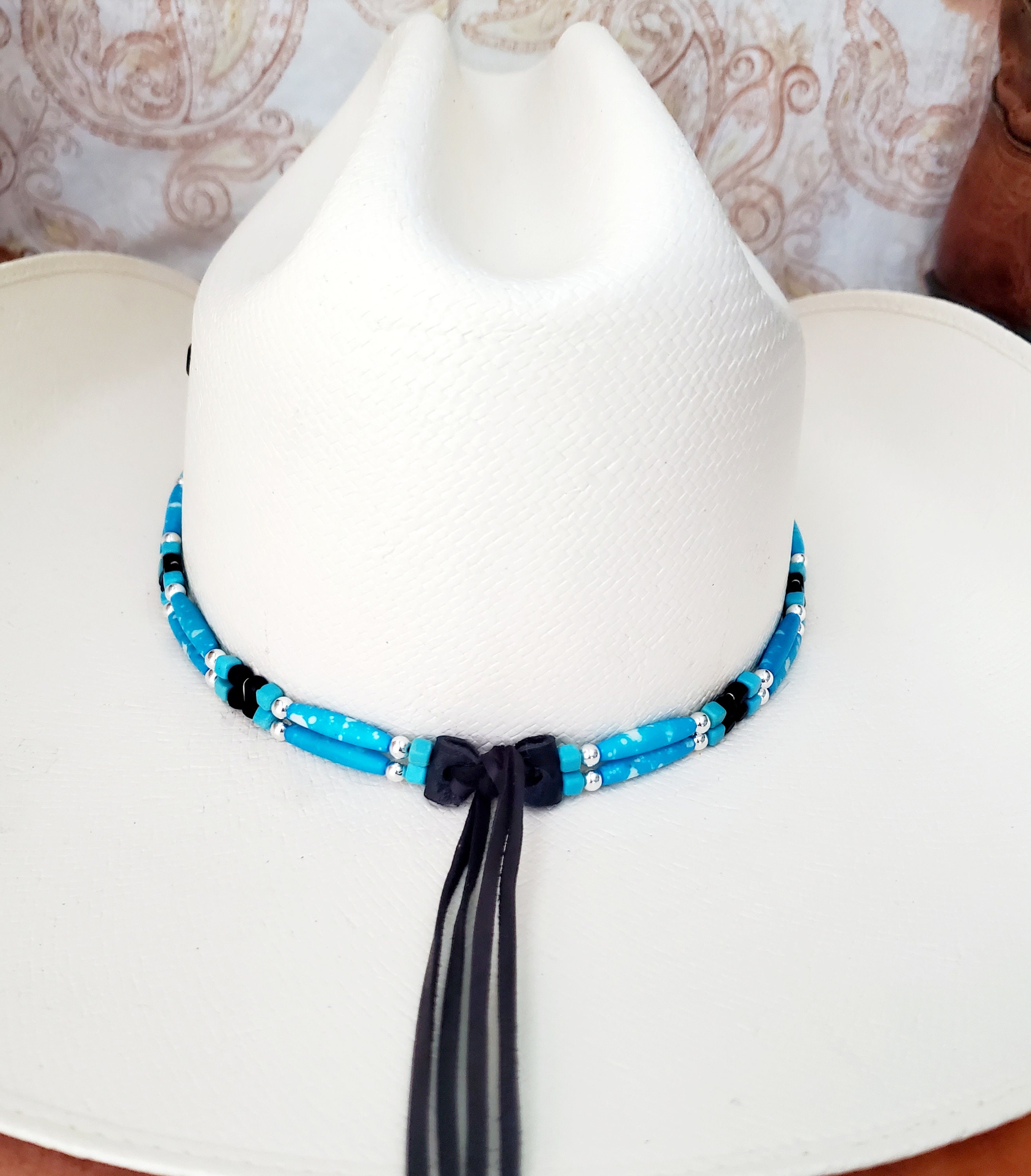 4683 Western Hat Band White Hairpipe Bone Turquoise Bead Jewelry Accessory IMG_9015__98703.1715879919.jpg?c=2 main image 4