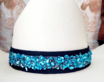 Bling Hat Band, Blue Jean Denim with Blue Glass Rhinestones Hat Band, Cowboy Cowgirl Man or Woman, Bling Crystal HatBand, Blue Jean Handmade
